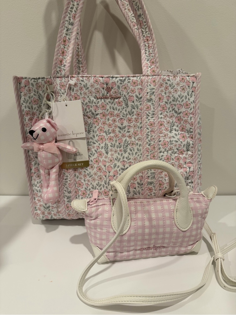nanette lepore Pink Floral & Gingham Tote and Crossbody Bag Set